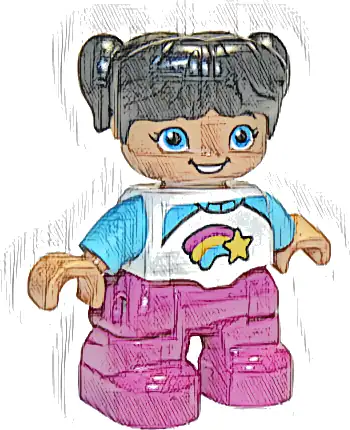 Duplo Figure Lego Ville, Child Girl, Magenta Legs, White and Medium Azure Top with Shooting Star, Black Hair with Pigtails