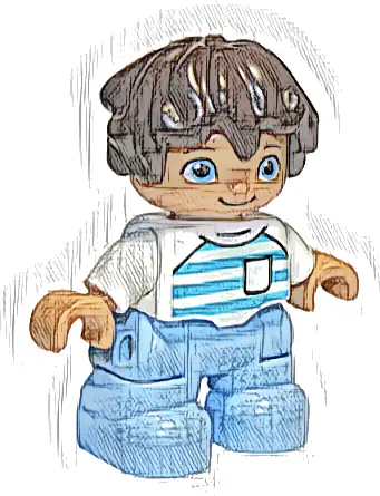 Duplo Figure Lego Ville, Child Boy, Bright Light Blue Legs, White Top with Medium Azure and Light Aqua Stripes, White Arms, Dark Brown Hair (6296134)