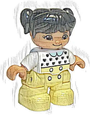 Duplo Figure Lego Ville, Child Girl, Bright Light Yellow Legs, White Top with Black Hearts, Black Hair with Pigtails, Medium Nougat Skin