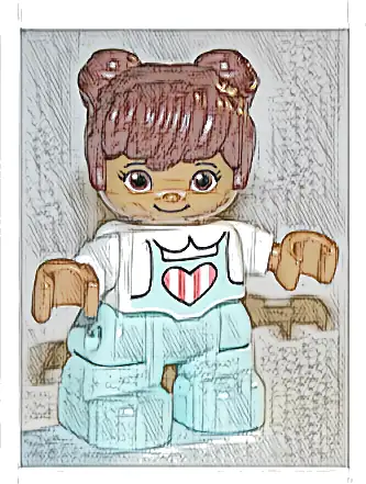 Duplo Figure Lego Ville, Child Girl, Light Aqua Legs, White Top with Coral Stripes in Heart, Reddish Brown Hair (6292954)