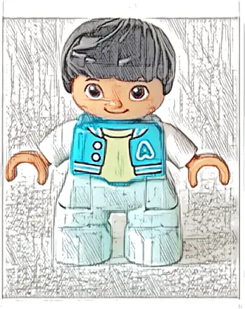 Duplo Figure Lego Ville, Child Boy, Light Aqua Legs, Medium Azure Jacket, Bright Light Yellow Shirt, White Arms, Black Hair