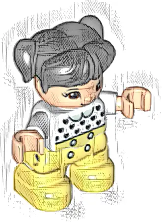 Duplo Figure Lego Ville, Child Girl, Bright Light Yellow Legs, White Top with Black Hearts, Black Hair with Pigtails, Light Nougat Skin (6335905)