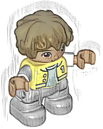 Duplo Figure Lego Ville, Child Boy, Light Bluish Gray Legs, Bright Light Yellow Jacket with Number 1, Dark Brown Hair (6361834)