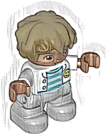Duplo Figure Lego Ville, Child Boy, Light Bluish Gray Legs, White Jacket, Light Aqua and Medium Azure Striped Top, Dark Brown Hair (6361964)