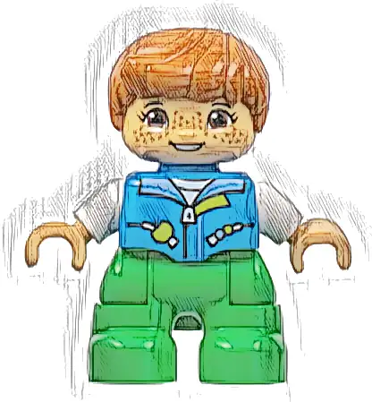 Duplo Figure Lego Ville, Child Girl, Bright Green Legs, Dark Azure Vest, White Shirt, Dark Orange Hair, Hearing Aids (6443276)