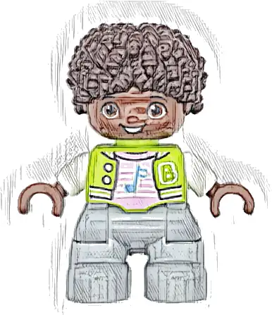 Duplo Figure Lego Ville, Child Boy, Light Bluish Gray Legs, Lime Jacket with White Sleeves, Bright Pink Shirt, Dark Brown Hair (6469554)