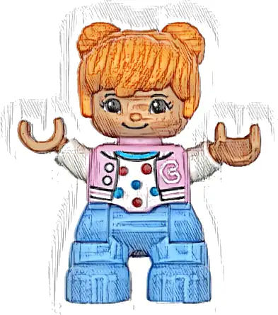 Duplo Figure Lego Ville, Child Girl, Bright Light Blue Legs, Bright Pink Jacket with Capital Letter C, Polka Dot Shirt, Orange Hair (6469539)