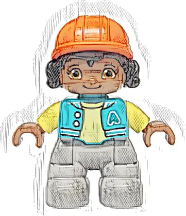 Duplo Figure Lego Ville, Child Girl, Light Bluish Gray Legs, Medium Azure Jacket with Capital Letter A and Buttons, Black Hair, Reddish Orange Riding Helmet (6474068)