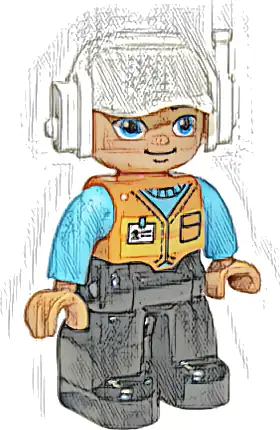 Duplo Figure Lego Ville, Male, Black Legs, Orange Vest with Badge and Pocket, Medium Azure Arms, White Cap with Headset (6301361)
