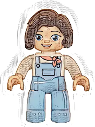 Duplo Figure Lego Ville, Female, Bright Light Blue Legs with Overalls, White Top, Dark Brown Hair (6427981)