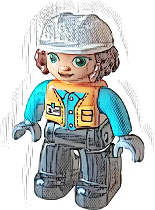 Duplo Figure Lego Ville, Female, Black Legs, Orange Vest with Badge and Pocket, Medium Azure Arms, Light Bluish Gray Hands, White Construction Helmet (6427943)