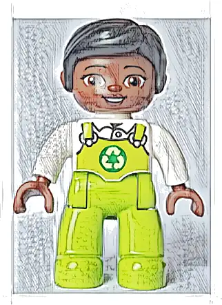 Duplo Figure Lego Ville, Female, Lime Legs with Overalls and Recycling Logo, Black Hair (6464666)