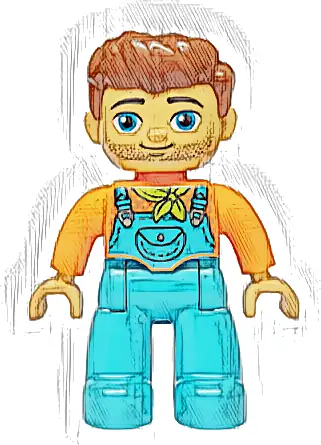 Duplo Figure Lego Ville, Male, Medium Azure Legs with Overalls and Pocket, Lime Bandana, Reddish Brown Hair and Stubble (6477388)