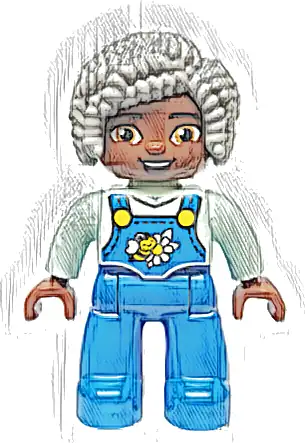 Duplo Figure Lego Ville, Female, Blue Legs with Overalls, Bee and Daisy, Light Bluish Gray Hair (6469007, 6569838)