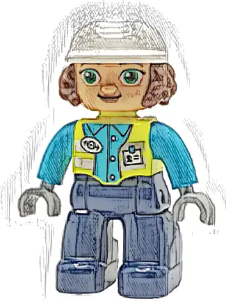 Duplo Figure Lego Ville, Female Railway Worker, Dark Blue Legs, Neon Yellow Vest with Name Tag and Train Logo, Medium Azure Shirt, Light Bluish Gray Hands, White Construction Helmet  (6489390)