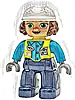 Minifigurka LEGO® 47394pb362 Duplo Figure Lego Ville, Female Railway Worker, Dark Blue Legs, Neon Yellow Vest with Name Tag and Train Logo, Medium Azure Shirt, Light Bluish Gray Hands, White Construction Helmet  (6489390)