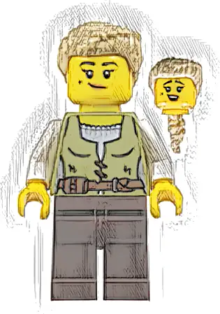 Minifigurka LEGO® cas582 Carpenter - Female, Olive Green Vest, Dark Brown Legs, Tan Coiled Hair Ponytail