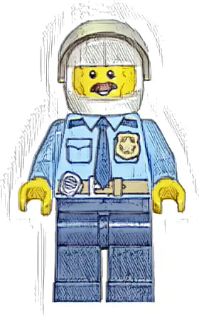Police - City Shirt with Dark Blue Tie and Gold Badge, Dark Tan Belt with Radio, Dark Blue Legs, White Helmet