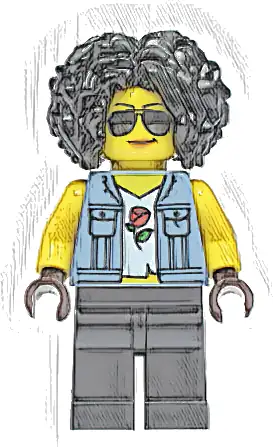 Stuntz Driver - Female, Sand Blue Vest over Rose Shirt, Black Legs, Black Curly Hair, Sunglasses
