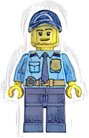 Police - City Shirt with Dark Blue Tie and Gold Badge, Dark Tan Belt with Radio, Dark Blue Legs, Dark Blue Cap with Hole, Stubble Beard