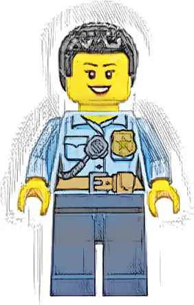 Police - City Officer Female, Bright Light Blue Shirt with Badge and Radio, Dark Blue Legs, Short Black Curly Hair