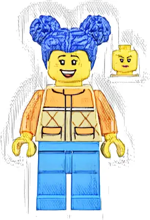 Woman - Tan and Orange Quilted Vest, Dark Azure Legs, Blue Pigtails, Freckles