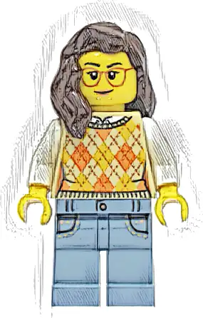 Passenger - Female, Tan Knit Argyle Sweater Vest, Sand Blue Legs with Pockets, Dark Brown Hair, Glasses