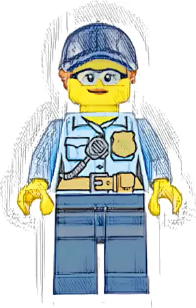 Police - City Officer Female, Bright Light Blue Shirt with Badge and Radio, Dark Blue Legs, Dark Blue Cap with Dark Orange Ponytail, Safety Glasses