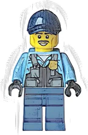 Police - City Officer Male, Safety Vest with Police Badge, Dark Blue Legs, Dark Blue Cap, Black Moustache