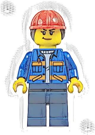 Construction Worker - Female, Blue Jacket with Diagonal Lower Pockets and Orange Stripes, Dark Blue Legs, Red Construction Helmet with Dark Brown Ponytail Hair
