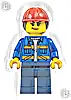 Minifigurka LEGO® cty1605 Construction Worker - Female, Blue Jacket with Diagonal Lower Pockets and Orange Stripes, Dark Blue Legs, Red Construction Helmet with Dark Brown Ponytail Hair