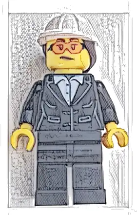 Construction Engineer / Architect - Female, Black Suit Jacket with White Button Up Shirt, Black Legs, White Construction Helmet with Dark Brown Ponytail Hair, Safety Glasses