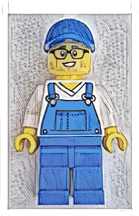 Car Cleaner - Male, Blue Overalls over V-Neck Shirt, Blue Legs, Blue Cap, Glasses, Stubble