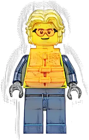 Police - City Officer Male, Neon Yellow Safety Vest, Dark Blue Legs, Bright Light Yellow Wavy Hair, Orange Life Jacket, Safety Glasses