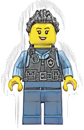 Police - City Officer Female, Black Safety Vest with Silver Star Badge Logo, Dark Blue Legs, Black Hair Long with Braided Ponytail