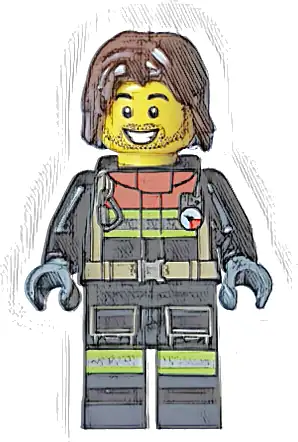 Fire - Male, Black Jacket and Legs with Reflective Stripes and Red Collar, Dark Brown Hair Mid-Length Tousled