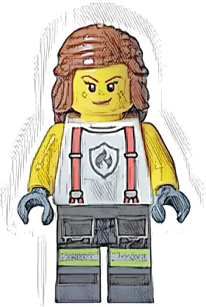 Fire - Female, White Shirt with Suspenders, Legs with Reflective Stripes, Reddish Brown Hair with Braid