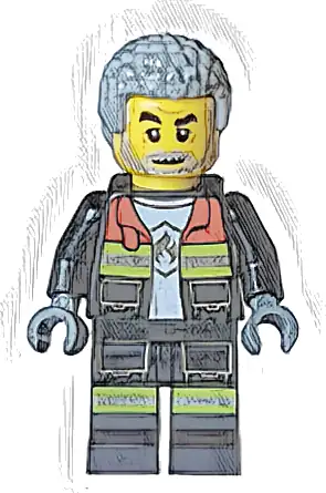 Fire - Male, Black Open Jacket and Legs with Reflective Stripes and Red Collar, Light Bluish Gray Coiled Hair