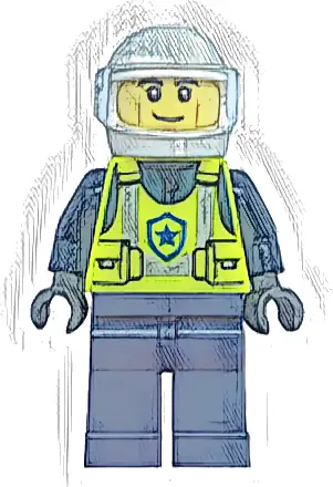 Police - City Officer Male, Neon Yellow Safety Vest, Dark Blue Legs, White Helmet, Trans-Clear Visor