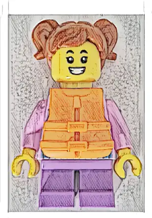 Child - Girl, Bright Pink Hoodie with Medium Blue and White Diagonal Stripes, Medium Lavender Short Legs, Dark Orange Hair with Pigtails, Orange Life Jacket