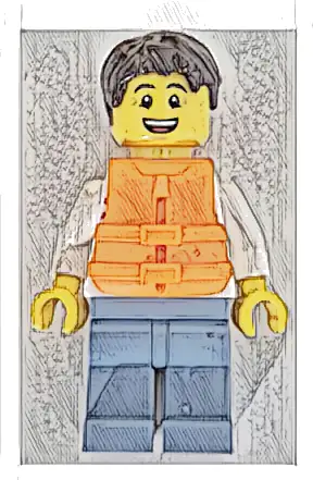 Sailboat Driver - Male, White Sweater with Red Horizontal Stripes, Sand Blue Legs, Dark Brown Short Tousled Hair, Orange Life Jacket