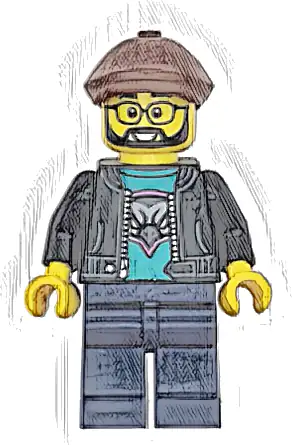 Race Truck Driver - Male, Black Jacket over Dark Turquoise Shirt with Hawk Head Logo, Dark Blue Legs, Reddish Brown Flat Cap, Beard, Glasses