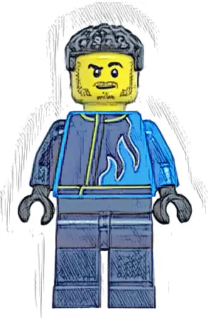 Monster Truck Driver - Male, Dark Azure and Dark Blue Racing Jacket with Flames, Dark Blue Legs, Black Hair