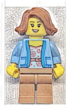 Bus Passenger - Female, Bright Light Blue Jacket over White Shirt with Coral Flowers, Medium Nougat Legs, Dark Orange Hair