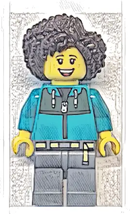 Bus Passenger - Female, Dark Turquoise Jacket with Dark Green Panel, Dark Bluish Gray Legs, Dark Brown Hair