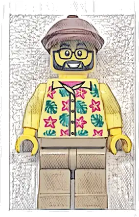 Bus Passenger - Male, Bright Light Yellow Shirt with Flowers and Leaves, Dark Tan Legs, Reddish Brown Flat Cap