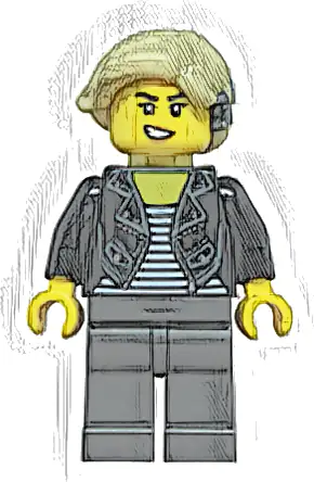 Sports Car Driver - Female, Black Leather Jacket over Shirt with White Stripes, Pearl Dark Gray Legs, Tan Hair with Cochlear Implant