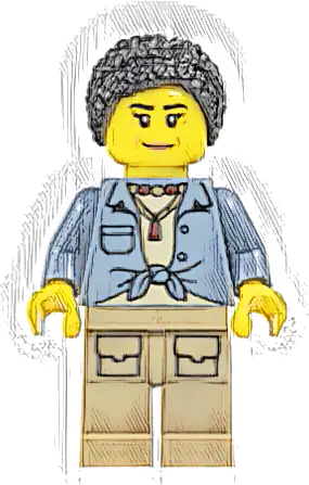 City Jungle Explorer Female - Sand Blue Knotted Shirt over Tan T-Shirt, Dark Tan Legs, Black Hair Braided with Knot Bun