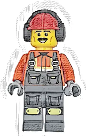 Construction Worker - Male, Dark Bluish Gray Overalls over Reddish Orange Safety Jacket with Reflective Stripes, Dark Bluish Gray Legs with Knee Pads, Red Construction Helmet with Black Ear Protectors