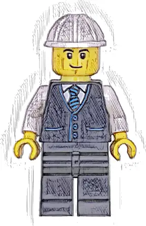 Construction Engineer / Architect - Male, Black Vest with Blue Striped Tie, Black Legs, White Construction Helmet, Lopsided Grin